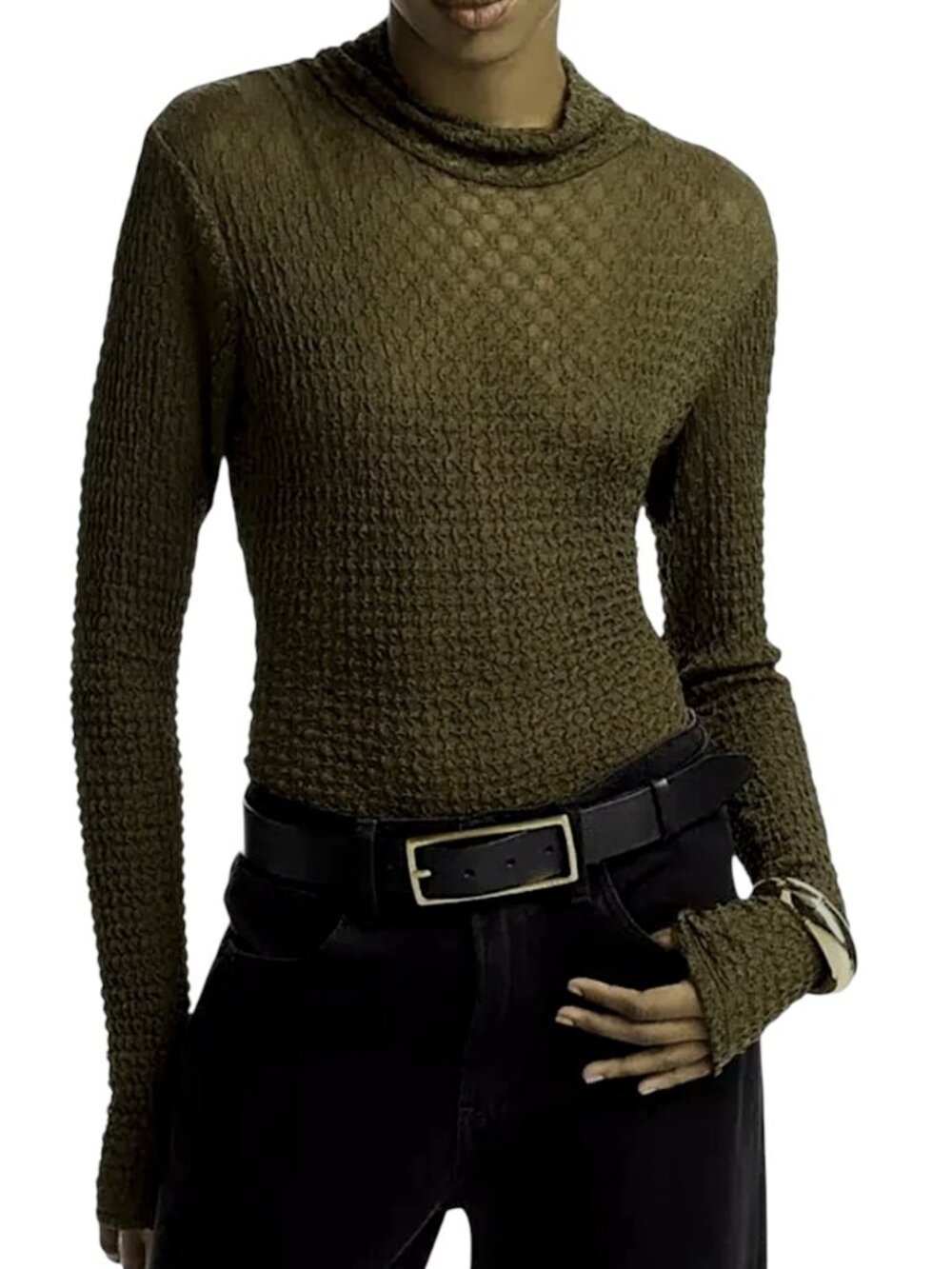 FRAME Denim Dark Green Mesh Lace Turtleneck Top Women's Size M